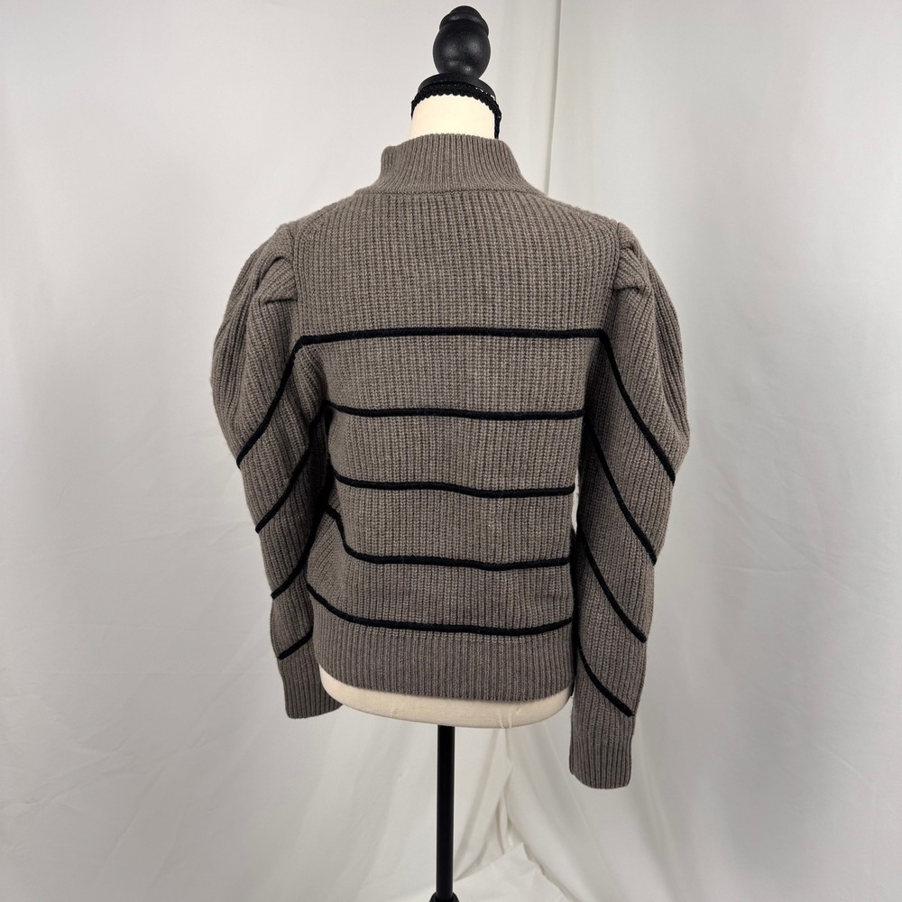 ba&sh Lady Pullover Women Size M Chamois Brown Stripe Puff Shoulder Zip Wool Yak - Picture 2 of 12